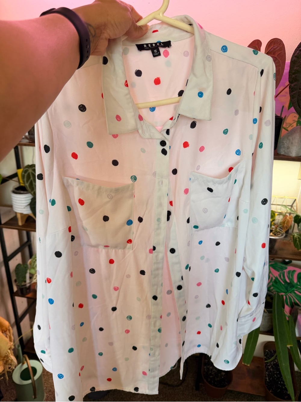 rebels White Button-Up Blouse with Multicolor Polka Dots
